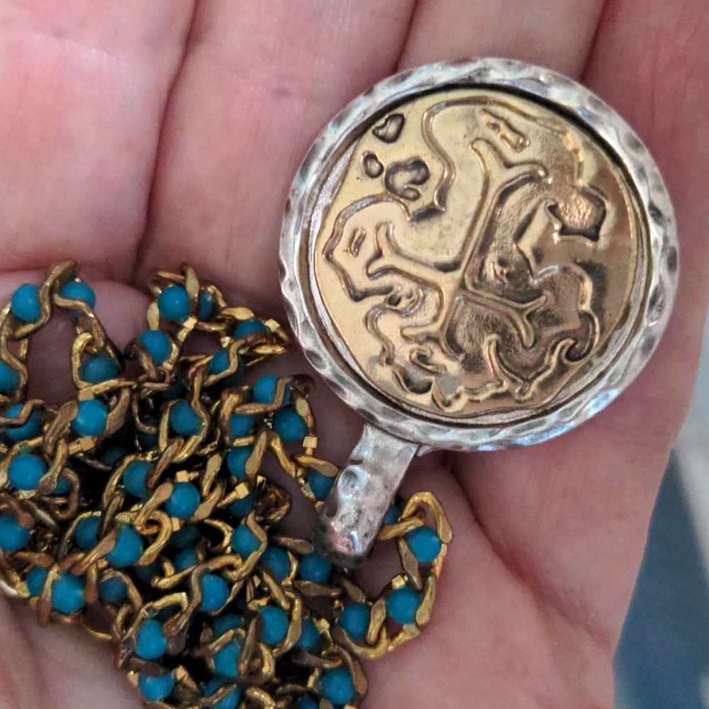 New Turquoise Pendant Necklace. Cross In Gold, Silver Bezel. Beaded, 22"+2". - Picture 1 of 7
